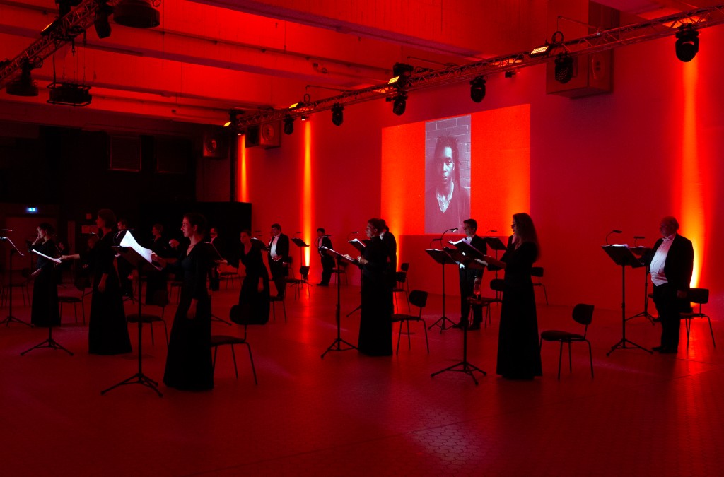 The Rundfunkchor Berlin is pictured singing as part of the Pandemic-era concert installation 