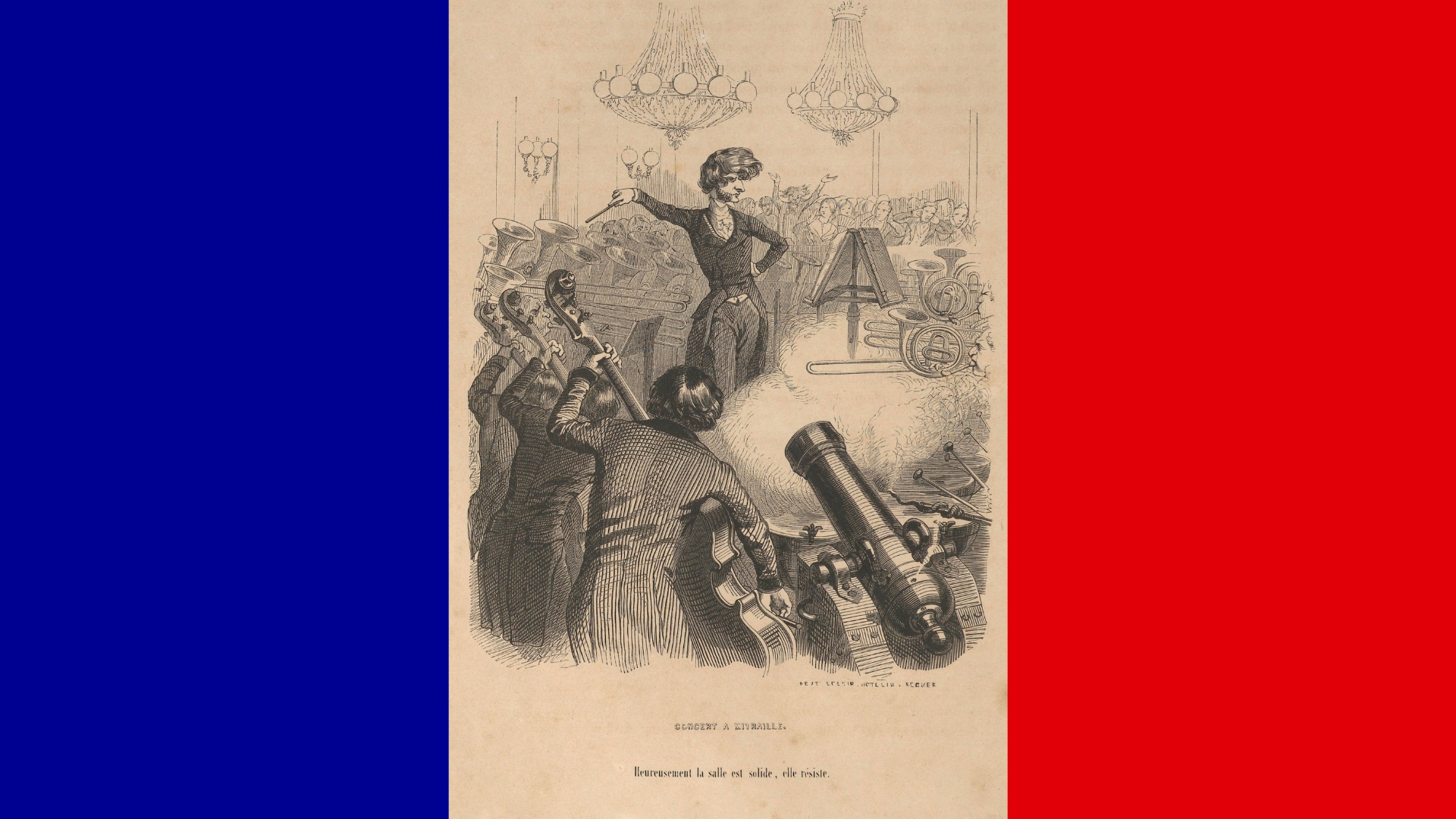 In the center, Hector Berlioz is seen conducting a romantic orchestra in the 1846 book Jérôme Paturot à la recherche d'une position sociale.  To the left and right are the colors blue and red of the French Republic. 